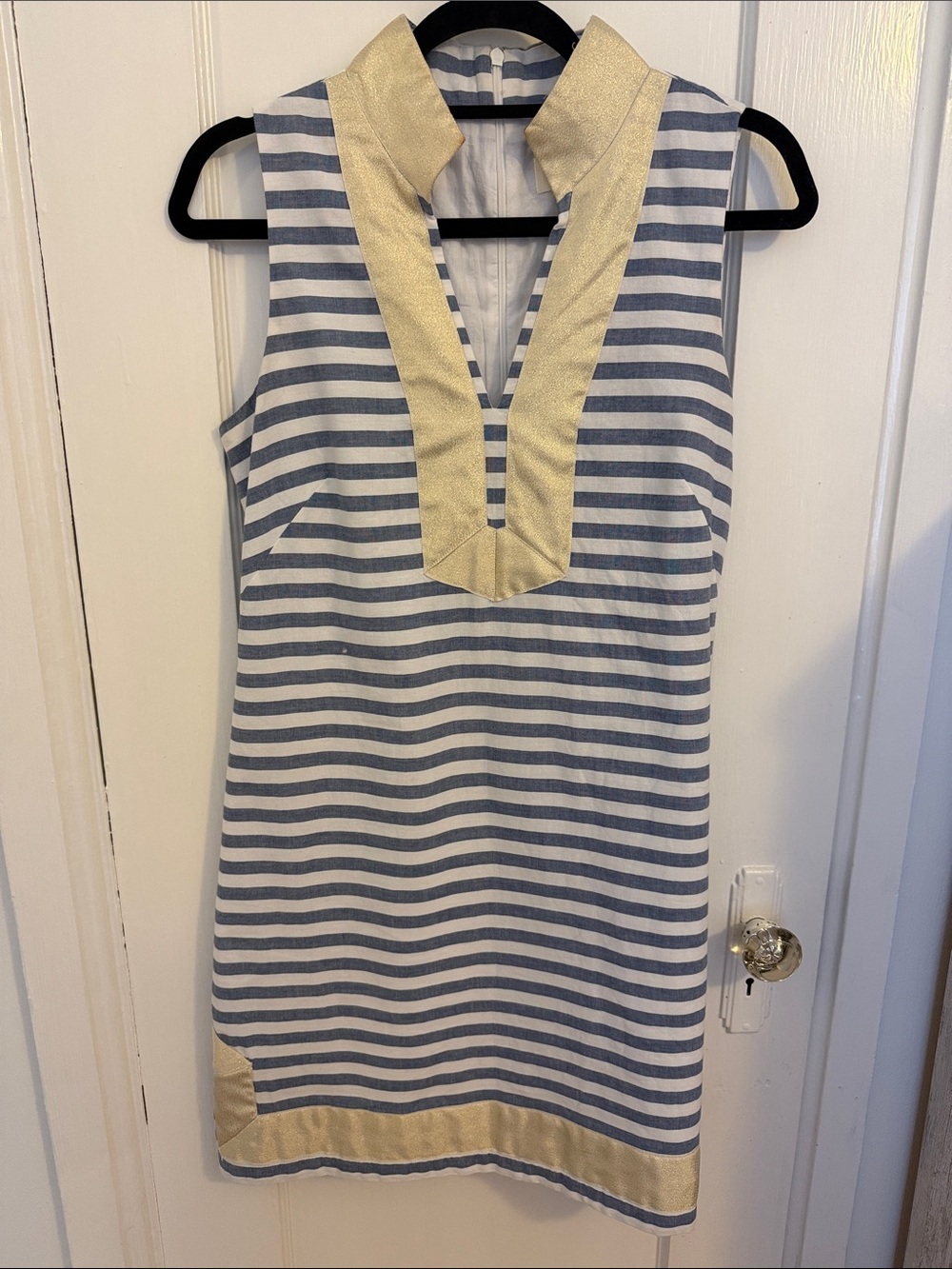Eliza J Blue and White Striped Shift Dress with Gold Trim